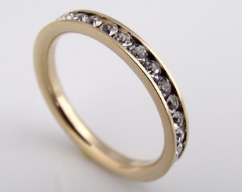 Diamond Eternity Band - White Diamond CZ Stack Ring- Stainless Steel - Yellow Gold Band Color (no.301B)