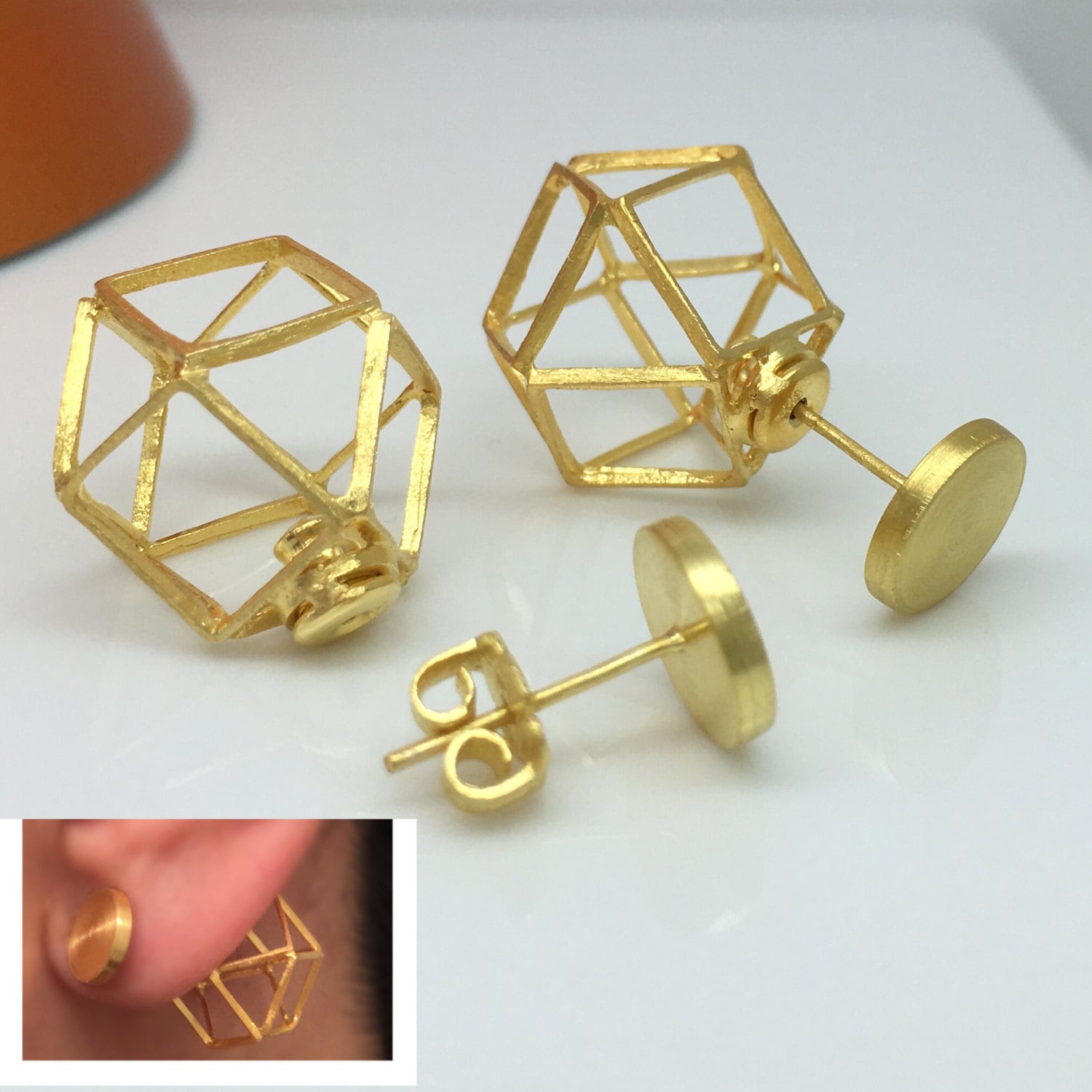 Gold wire cage front back earrings front back earrings ear Etsy