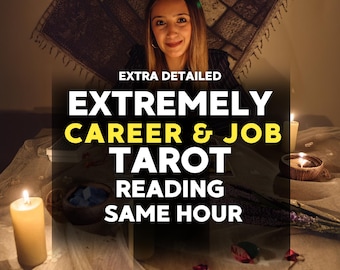 May include: An image promoting a tarot reading service. The text reads "EXTRA DETAILED EXTREMELY CAREER & JOB TAROT READING SAME HOUR." A woman smiles in the background, with candles and flowers in the foreground.