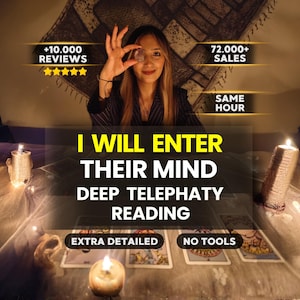 May include: A digital advertisement for a telepathy reading service featuring text that reads I WILL ENTER THEIR MIND DEEP TELEPHATY READING, EXTRA DETAILED, NO TOOLS, +10.000 REVIEWS, 72.000+ SALES, and SAME HOUR, with tarot cards and lit candles.