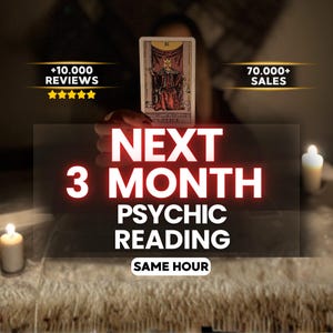 May include: A Justice tarot card held upright, featuring a figure in red robes and a crown. Text overlays read +10.000 REVIEWS, 70.000+ SALES, NEXT 3 MONTH PSYCHIC READING, and SAME HOUR. Two white candles are visible on either side of the card.