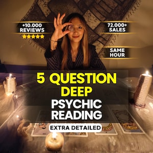 May include: A psychic reading service advertisement featuring text that reads 5 QUESTION DEEP PSYCHIC READING EXTRA DETAILED, +10.000 REVIEWS, 72.000+ SALES, and SAME HOUR. The image displays a person holding a crystal over one eye with candles.