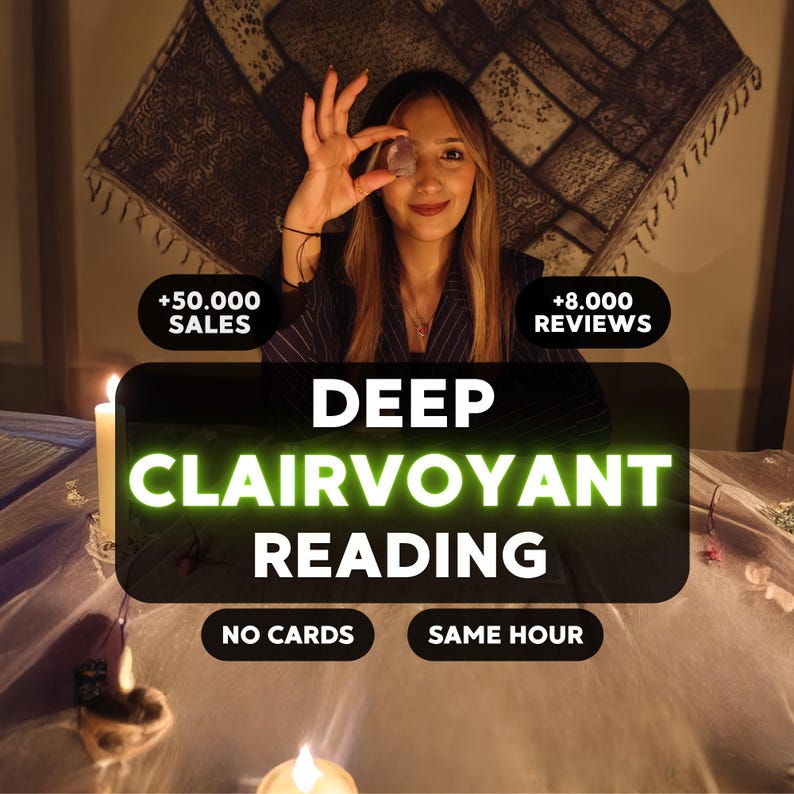 Może przedstawiać: Kobieta trzymająca przezroczysty kryształ, z tekstem "DEEP CLAIRVOYANT READING". Dodatkowy tekst brzmi "+50.000 SALES" i "+8.000 REVIEWS". Obraz zawiera r&oacute;wnież tekst "NO CARDS" i "SAME HOUR".