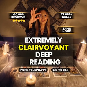 May include: A person holding a small crystal over one eye, with tarot cards laid out on a table. Text overlays include +10.000 REVIEWS, 72.000+ SALES, SAME HOUR, EXTREMELY CLAIRVOYANT DEEP READING, PURE TELEPHATY, and NO TOOLS, with five yellow stars.