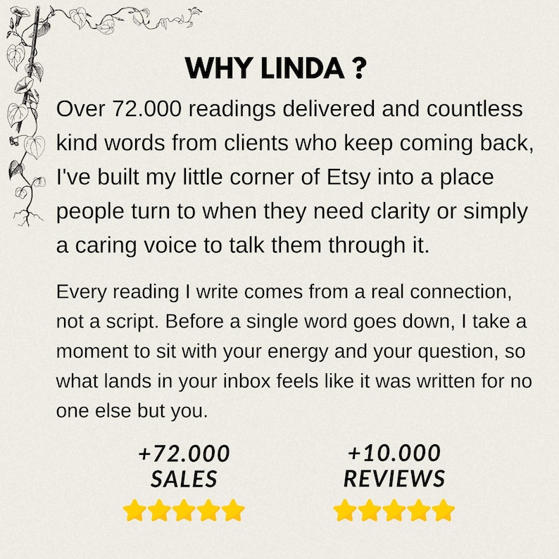 May include: A beige informational graphic titled WHY LINDA? featuring black text detailing over 72,000 readings and client feedback. It includes a decorative vine illustration in the top left corner and displays +72,000 SALES and +10,000 REVIEWS with yellow stars.