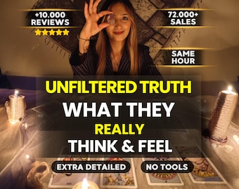 May include: A person holding a small crystal over one eye, positioned behind a table with tarot cards and lit candles. Text overlays include +10.000 REVIEWS, 72.000+ SALES, SAME HOUR, UNFILTERED TRUTH WHAT THEY REALLY THINK & FEEL, EXTRA DETAILED, NO TOOLS.