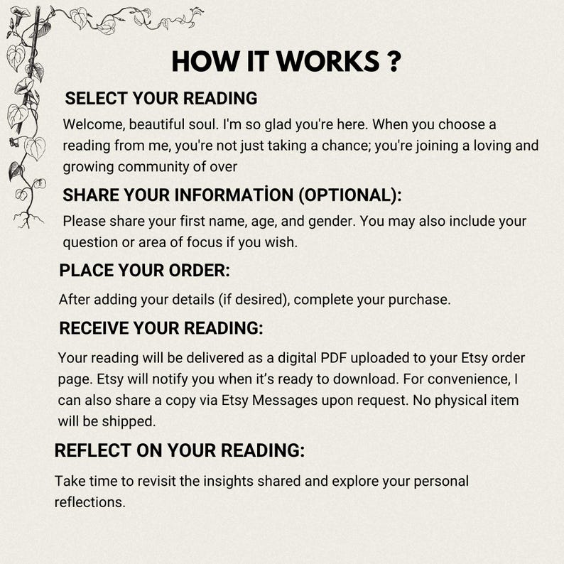 May include: An informational graphic titled HOW IT WORKS ? with a black vine illustration on the left. It outlines four steps: SELECT YOUR READING, SHARE YOUR INFORMATION, PLACE YOUR ORDER, and RECEIVE YOUR READING, followed by REFLECT ON YOUR READING.