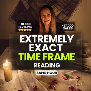 May include: A digital graphic featuring the text EXTREMELY EXACT TIME FRAME READING and SAME HOUR. The image displays a person behind a table with lit candles, scattered flower petals, and a dark patterned cloth, plus +10.000 REVIEWS and +67.000 SALES.