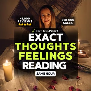 Peut inclure: Image publicitaire pour un service de voyance. Le texte indique "Exact Thoughts Feelings Reading" avec les détails "PDF Delivery" et "Same Hour". L'image comprend une femme, des bougies et des éléments décoratifs.