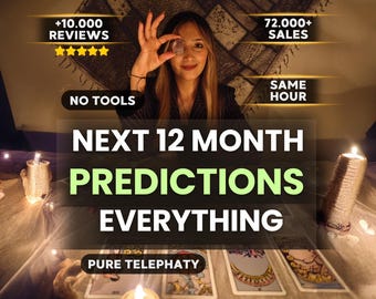 May include: A psychic reading service advertisement featuring text that reads +10.000 REVIEWS, 72.000+ SALES, NO TOOLS, NEXT 12 MONTH PREDICTIONS EVERYTHING, and PURE TELEPHATY. The image displays four tarot cards laid out on a table with lit candles.
