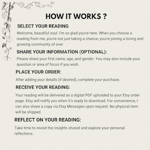 May include: An informational graphic titled HOW IT WORKS ? with a black vine illustration on the left. It outlines four steps: SELECT YOUR READING, SHARE YOUR INFORMATION, PLACE YOUR ORDER, and RECEIVE YOUR READING, followed by REFLECT ON YOUR READING.