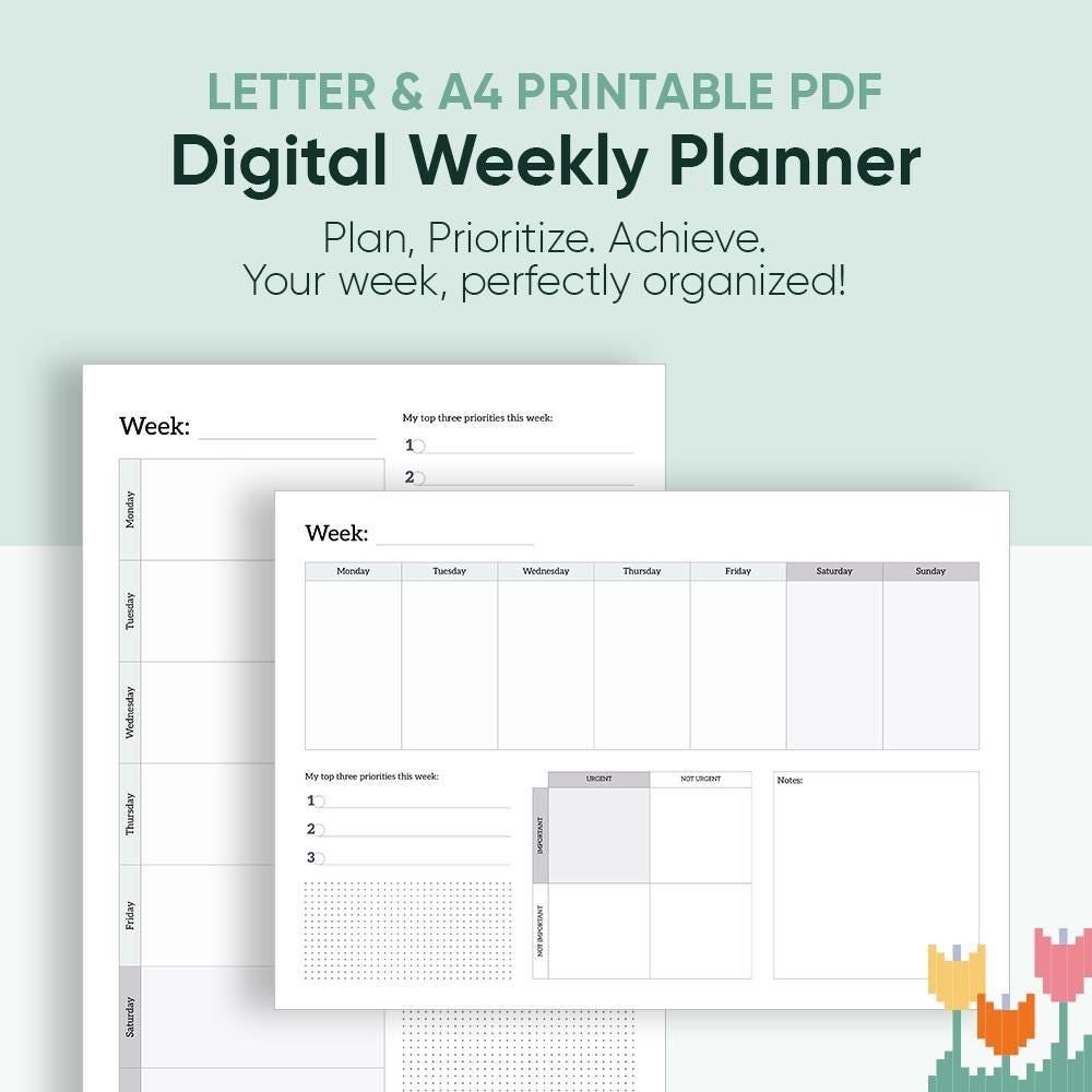 Printable Weekly Planner Template | A4 & Letter Size | Monday or Sunday ...