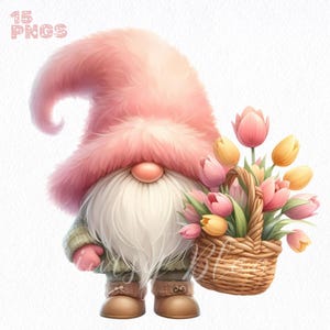 Aquarell Tulpe Gnome Clipart Bundle: Frühlingsblumen PNGs (kommerzielle Nutzung)