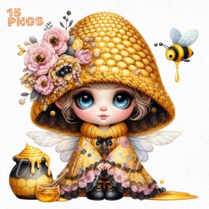 Puede incluir: Un lindo hada de dibujos animados con grandes ojos azules, usando un sombrero y un vestido amarillos con estampado de panal, con un par de alas y una olla de miel. Una abeja está volando cerca.