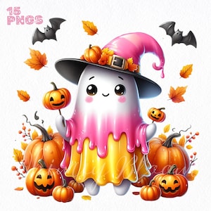 Spooky Cute Fall Clipart PNG, Ghost, Candy, Halloween Ghosts, Pastel Halloween Design, Pumpkins, Commercial use, sublimation halloween art