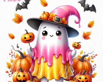 Clipart de fantasmas fofos e assustadores para o Halloween, abóboras de outono em PNG (uso comercial)