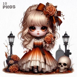 10 Halloween Chibi Doll Clipart PNG , Victorian Halloween Art, Cute Dark Fantasy Illustration, Halloween Crafts, Printables, Transparent