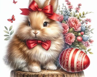 Fluffy Easter Bunny Clipart: Watercolor Egg, Commercial Use (300 DPI JPGs)