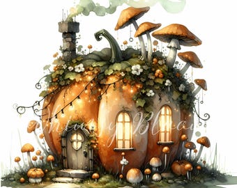 Pumpkin House Clipart: Autumn Cottage Illustration (15 JPEGs)