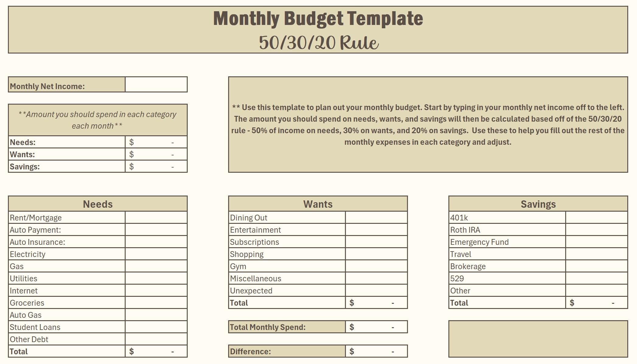 Editable Monthly Budget Excel Template - 50/30/20 Rule - Etsy