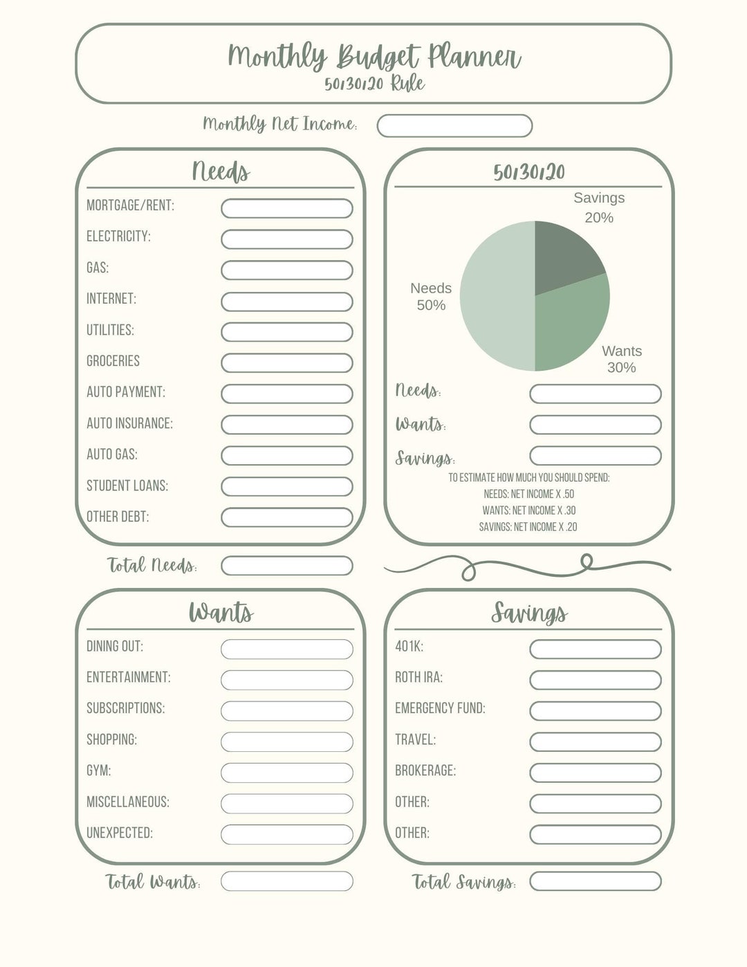 Editable Monthly Budget Template - 50/30/20 Rule - Etsy