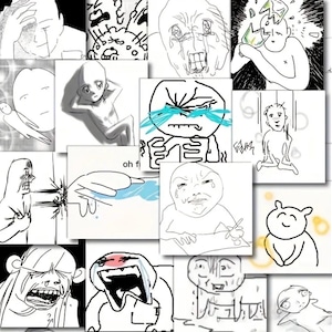 May include: A collage of black and white cartoon drawings depicting various emotional expressions. The images include figures with exaggerated features, showing sadness, frustration, and other intense feelings. The style is reminiscent of internet memes.