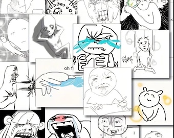 May include: A collage of black and white cartoon drawings depicting various emotional expressions. The images include figures with exaggerated features, showing sadness, frustration, and other intense feelings. The style is reminiscent of internet memes.