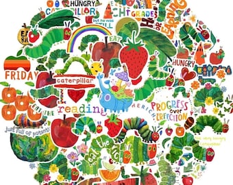 May include: A collection of 54 colorful stickers featuring illustrations from "The Very Hungry Caterpillar." The stickers include images of the caterpillar, fruits, and text like "Friday" and "Eat the Rich."