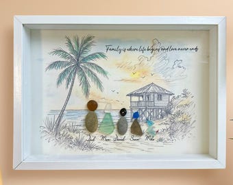 Pode incluir: Arte de cena de praia emoldurada com uma moldura branca. A obra de arte apresenta uma palmeira, uma casa de praia e figuras de seixos representando uma família. O texto acima da cena diz: "Família é onde a vida começa e o amor nunca termina."