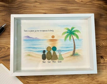 Pode incluir: Uma obra de arte emoldurada que retrata uma família numa praia ao pôr do sol. A obra apresenta uma palmeira, o oceano e areia. O texto "There is no greater joy than the happiness of a family" está acima das figuras da família.