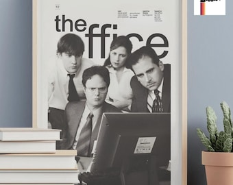 May include: Black and white framed poster featuring the cast of the television show "The Office". The poster includes the show's title and the cast members looking at a computer screen. A stack of books and a potted plant are in the foreground.