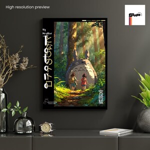 May include: A framed art print featuring a scene from "My Neighbor Totoro." The artwork depicts two children walking on a forest path towards a large, furry creature. The print has Japanese text on the left side and is set against a dark background.