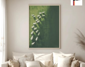 Green Pastoral Art Print: Farmhouse Sheep Poster, Country Home Decor