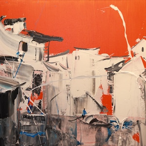 Calm Water Village Scene, Original Abstract Asian Landscape Oil Painting, Handcrafted Canvas Wall Art, Home Decor, 20" x 28" (50 x 70 cm)