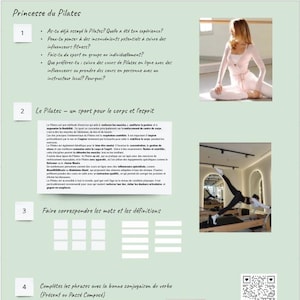 Puede incluir: Una hoja de trabajo verde y blanca con el título "Princesse du Pilates" y varias preguntas sobre Pilates. La hoja de trabajo incluye imágenes de personas haciendo ejercicios de Pilates.