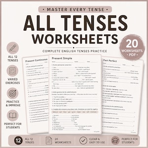May include: A set of 20 English grammar worksheets titled Master Every Tense All Tenses Worksheets. The pages feature exercises for Present Continuous, Present Simple, and Past Perfect tenses with fill-in-the-blank questions and sentence completion tasks.