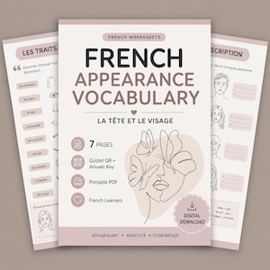 Puede incluir: Un conjunto de hojas de trabajo educativas en francés tituladas French Appearance Vocabulary La Tête et le Visage. Las páginas incluyen dibujos lineales de un rostro con mariposas, listas de vocabulario y ejercicios en formato PDF.