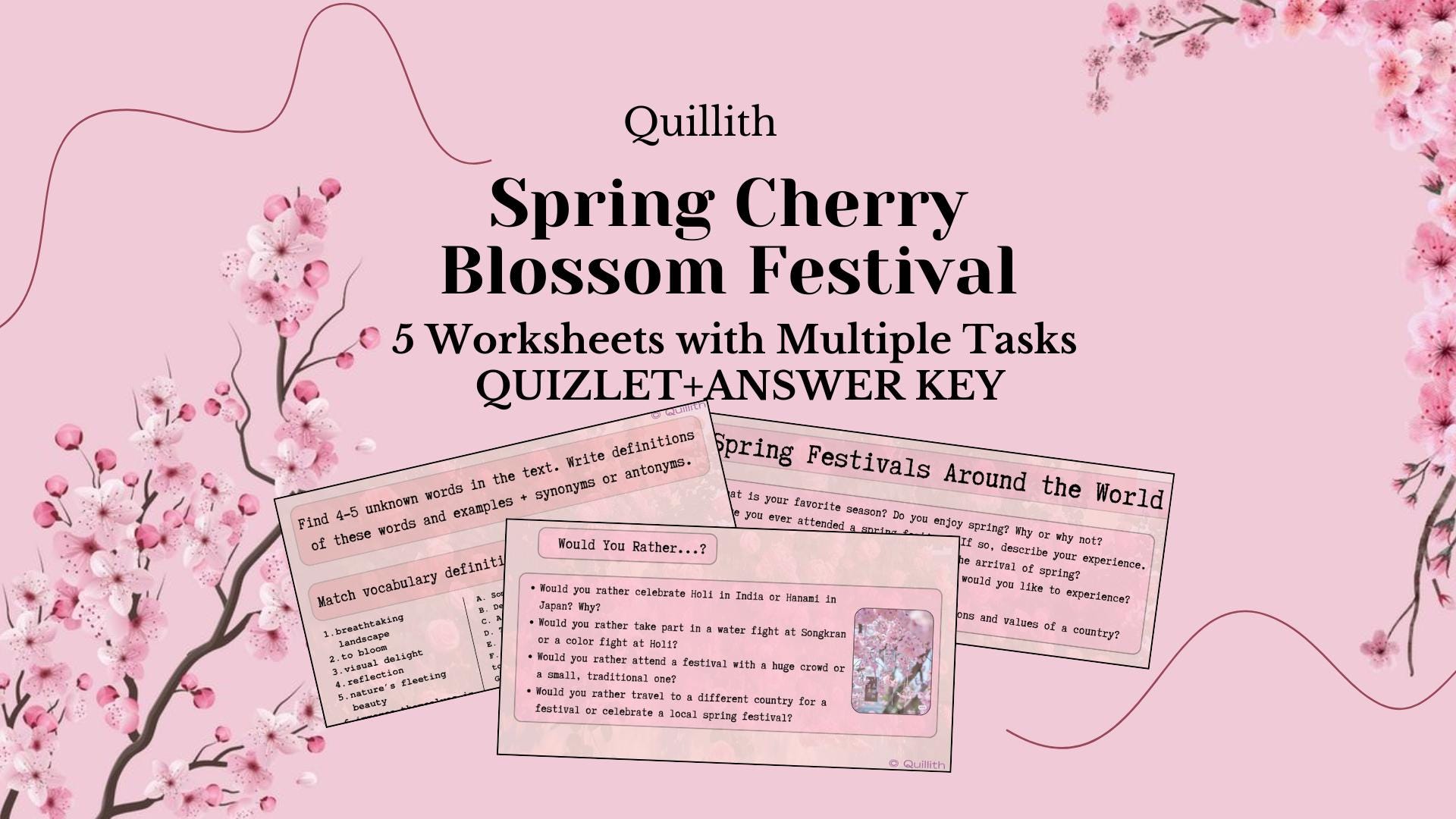 Spring Festival Printable English Worksheets PDF| ESL vocabulary activities for students| phrasal verbs| writing| grammar| all levels B2-C1