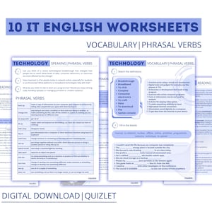 May include: A set of 10 printable worksheets for learning English vocabulary and phrasal verbs related to technology. The worksheets include exercises for matching definitions, filling in the blanks, and using phrasal verbs in context.
