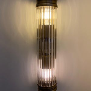 Vintage Art Deco Brass & Glass Wall Sconce - Elegant Ribbed Glass Cylinder Light Fixture