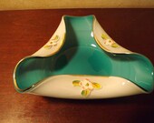 Vintage Venetian Murano Cased Art Glass Dish Folded Triangle Hand painted Dogwood Flowers Turquoise and White