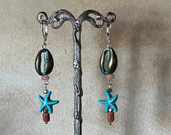 Sea Star Turquoise Cowrie Shell Red Coral Handmade Earrings SS wires Semiprecious stones