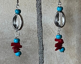 Cowrie Shell Turquoise Red Coral Handmade EarringsSS wires Semiprecious stones