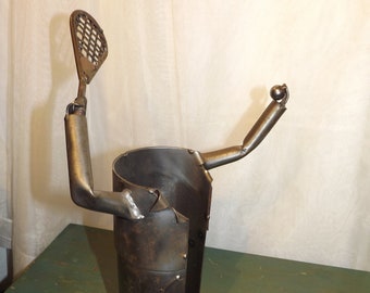 Handmade Tennis Player Metal Sculpture Bottle Holder