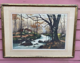 Vintage Etching Watercolor Autumn Stream Signed original limited Etching