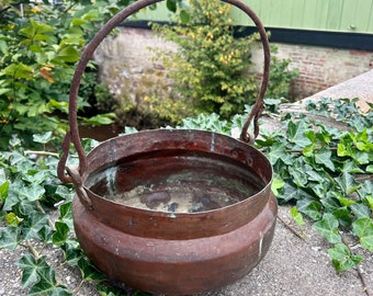 Antique Copper Cauldron With Wrought Iron Hanging a handle