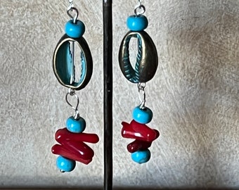 Cowrie Shell Turquoise Red Coral Handmade EarringsSS wires Semiprecious stones