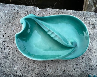 Mid Century Ash Tray Green Swirl Ceramic