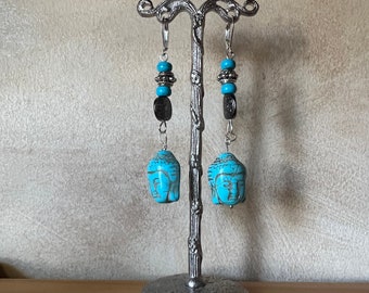 Buddha Head Turquoise Handmade Earrings SS wires Semiprecious stones