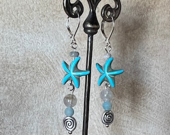 Sea Star Turquoise  Quartz beads Aventurine Spiral  Handmade Earrings SS wires Semiprecious stones